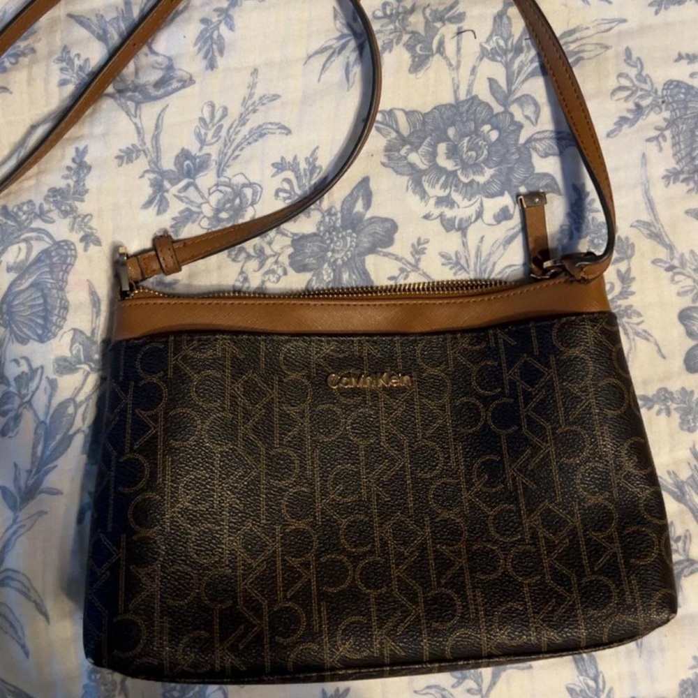 Calvin Klein Logo Pattern Black and Tan Crossbody
